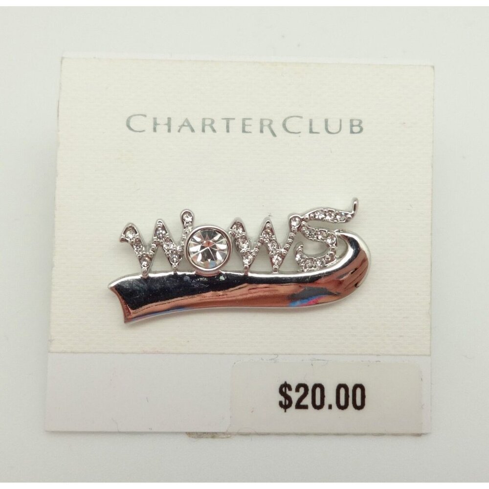 CHARTER CLUB "WOWS" Round Clear Crystal Silver Pin With Tie Tack Backings NEW